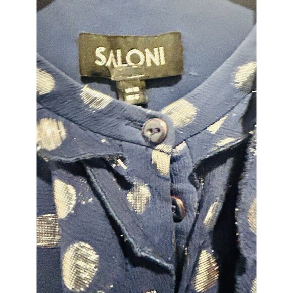 SALONI Navy Tilly Dress Womens Sz 6 Metallic Polka Dots Silk Ruffle Drop Waist - Picture 13 of 16